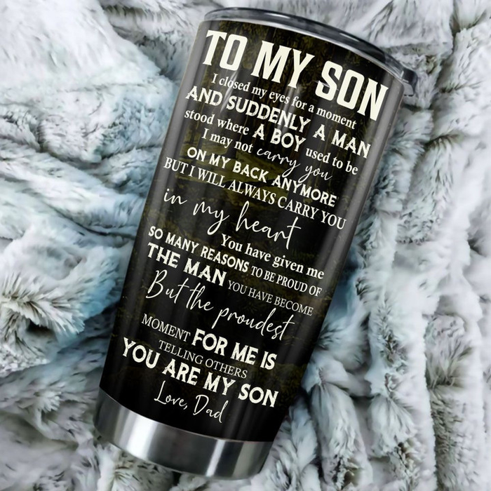 Personalized To My Son Tumbler From Dad Mom Hunting Deer Always Carry In My Heart Custom Name Travel Cup Birthday Gifts