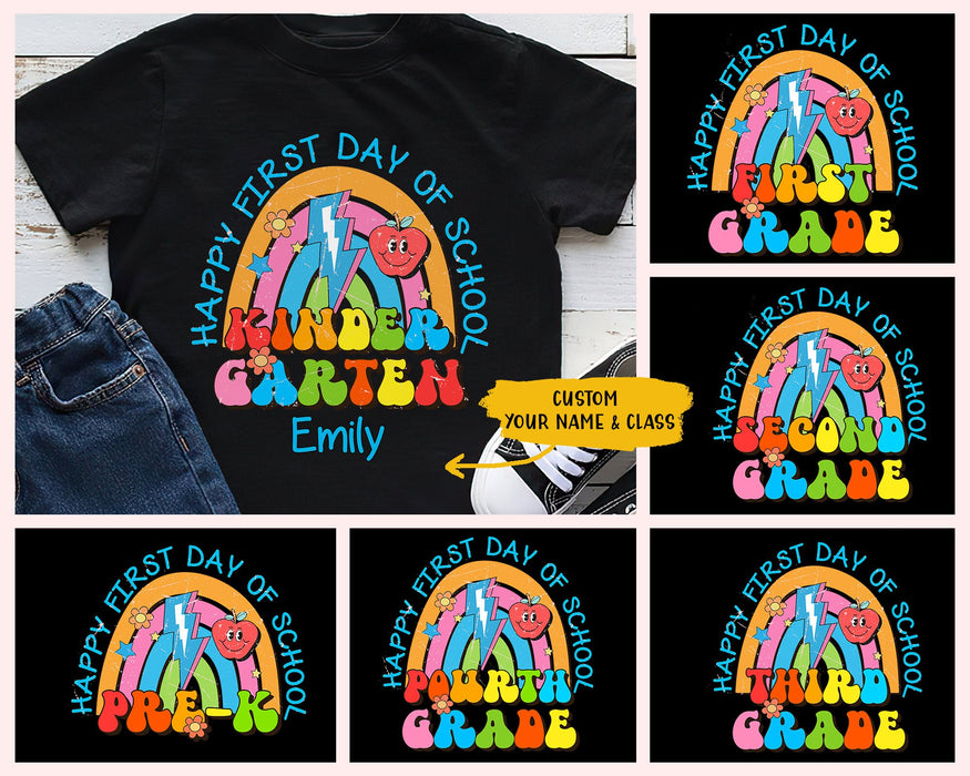 Personalized T-Shirt Gifts For Kids First Day Of School Kindergarten Rainbow Custom Name & Grade Back To School Outfit