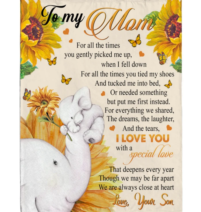 Personalized To My Mom Blanket From Son Daughter For All The Time You Gently Picked Me Up Elephant & Sunflower Printed