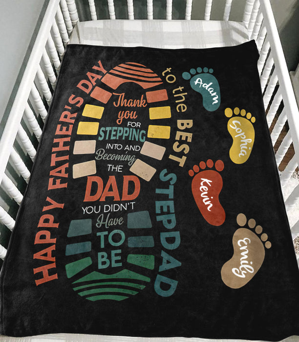 Personalized To The Best Stepdad Blanket Happy Father'S Day Vintage Footprints Printed Custom Kids Name