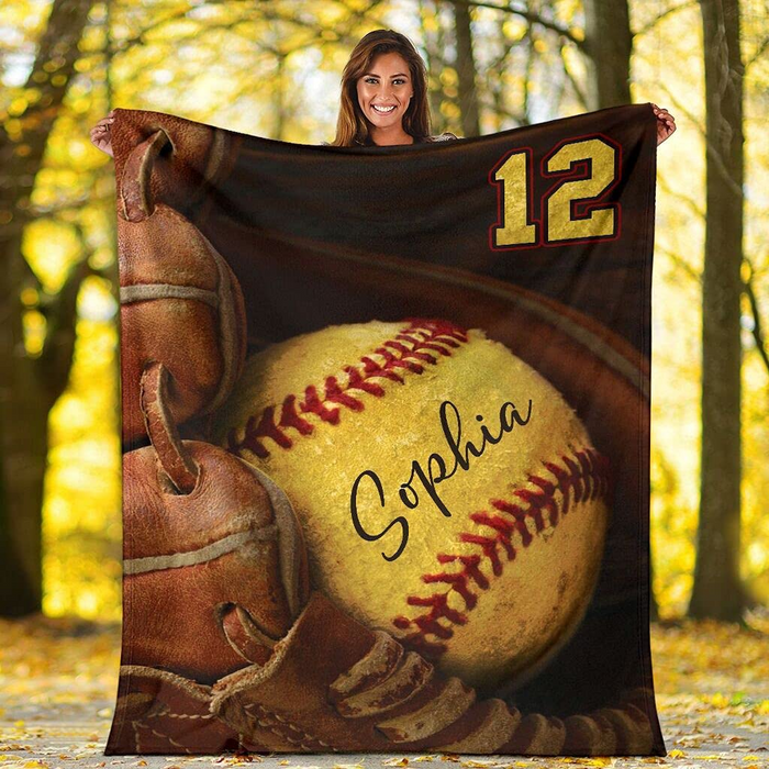 Personalized Softball Fleece Blanket For Team Fan Sports Lovers 3D Glove & Ball Print Custom Name & Number Throw