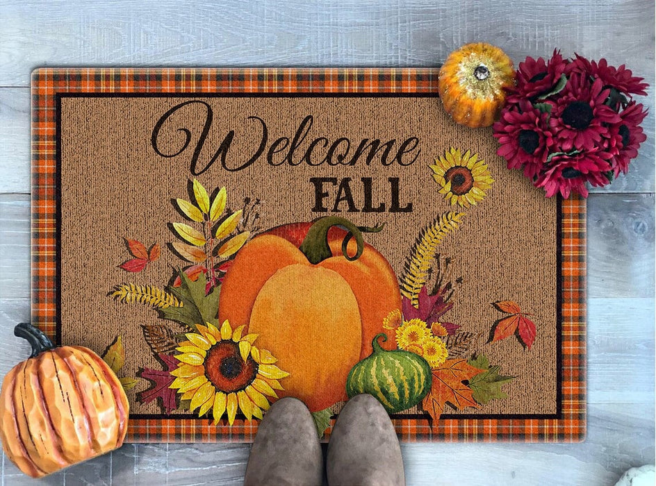 Welcome Doormat For Fall Lovers Cute Pumpkin With Fruit Sunflower And Maple Leaves Printed Plaid Design Fall Doormat