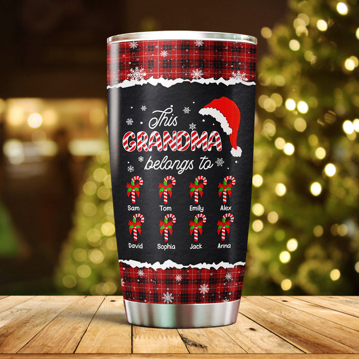 Personalized Tumbler Gifts For Grandma Plaid This Grandma Belongs To Candy Cane Custom Grandkids Name Xmas Travel Cup