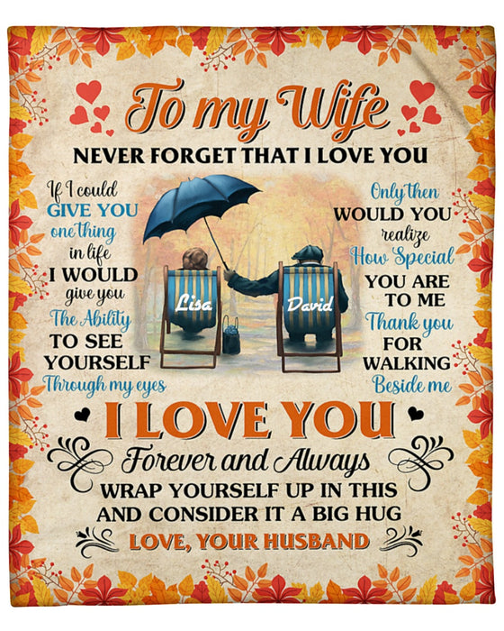Personalized Fleece Sherpa Blanket For Wife From Husband Never Forget That I Love You Print Old Couple In Autumn