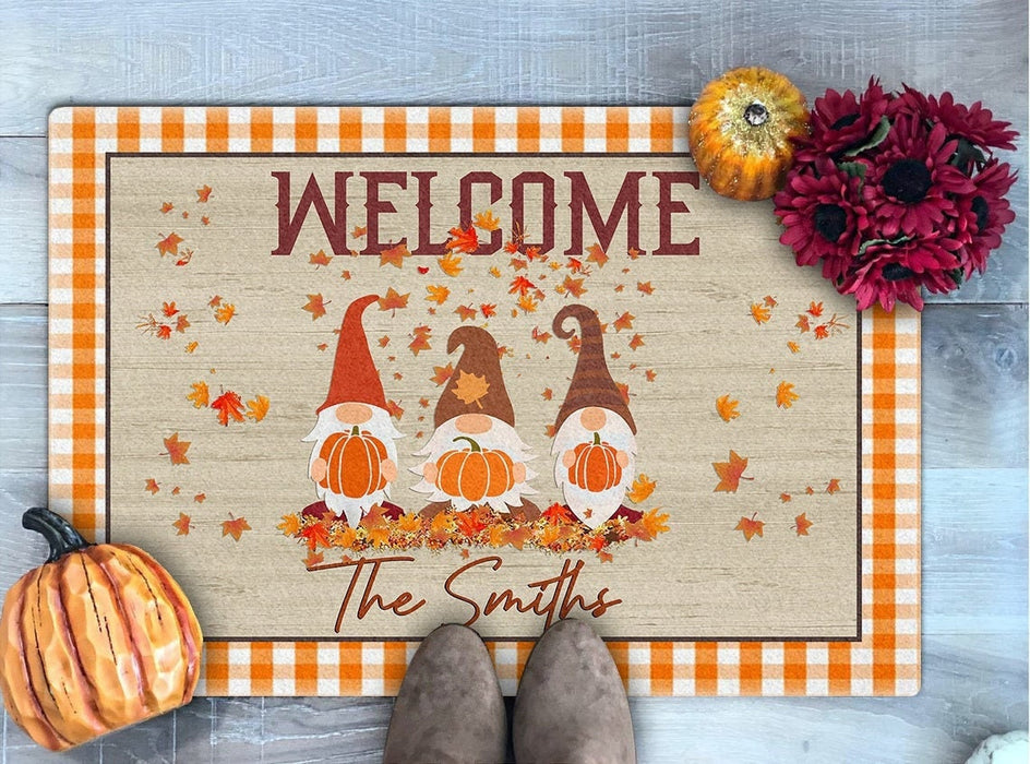 Personalized Welcome Doormat Cute Gnome With Pumpkin & Maple Leaves Printed Plaid Design Custom Family Name Fall Doormat