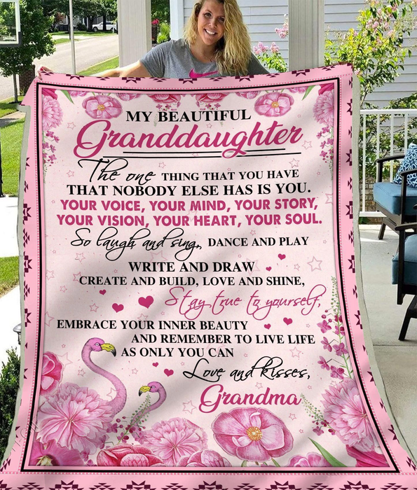 Personalized Fleece Blanket To My Beautiful Granddaughter Pink Flamingo Print Custom Name Blankets