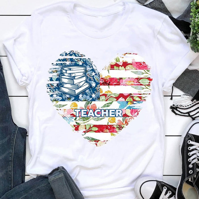 Classic T-Shirt For Teacher Floral Heart Books Printed Back To School Outfit Shirt For Teacher Appreciation