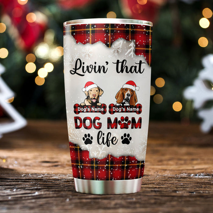 Personalized Tumbler For Dog Lover Pawprints Buffalo Red Plaid Santa's Hat Custom Name Travel Cup Gifts For Christmas