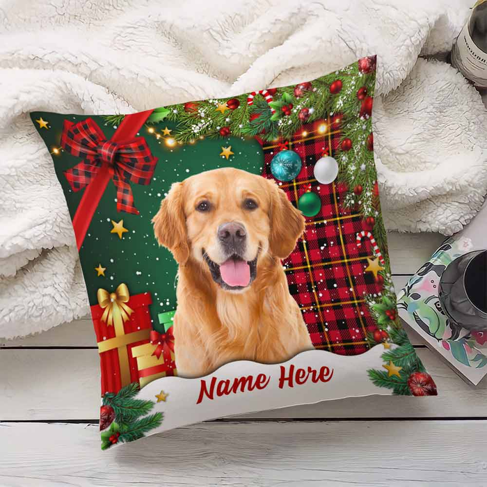 Personalized Square Pillow Gifts For Dog Lover Plaid Ribbons Holly Light Custom Name & Photo Sofa Cushion For Christmas