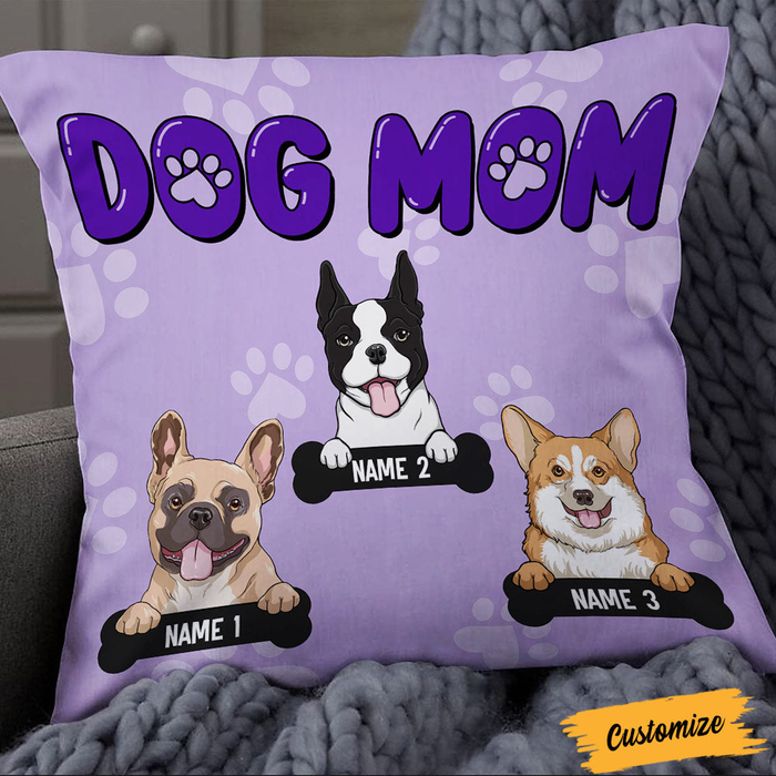 Personalized Square Pillow Gifts For Dog Lover Purple Dog Mom Custom Name Sofa Cushion For Birthday Christmas