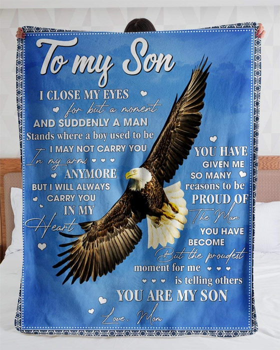 Personalized To My Son Fleece Blanket From Mom I Will Carry You In My Heart Flannel Eagle Blue Printed