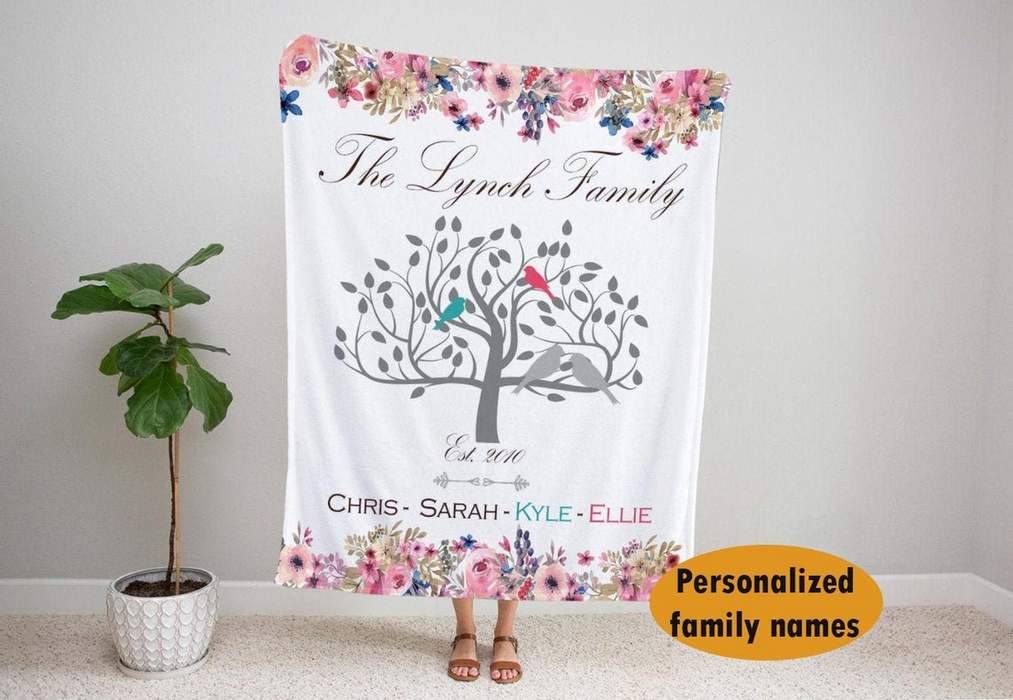 Personalized Blanket For Family Flower Design Tree And Arrrows Printed Custom Family Member'S Name And Year