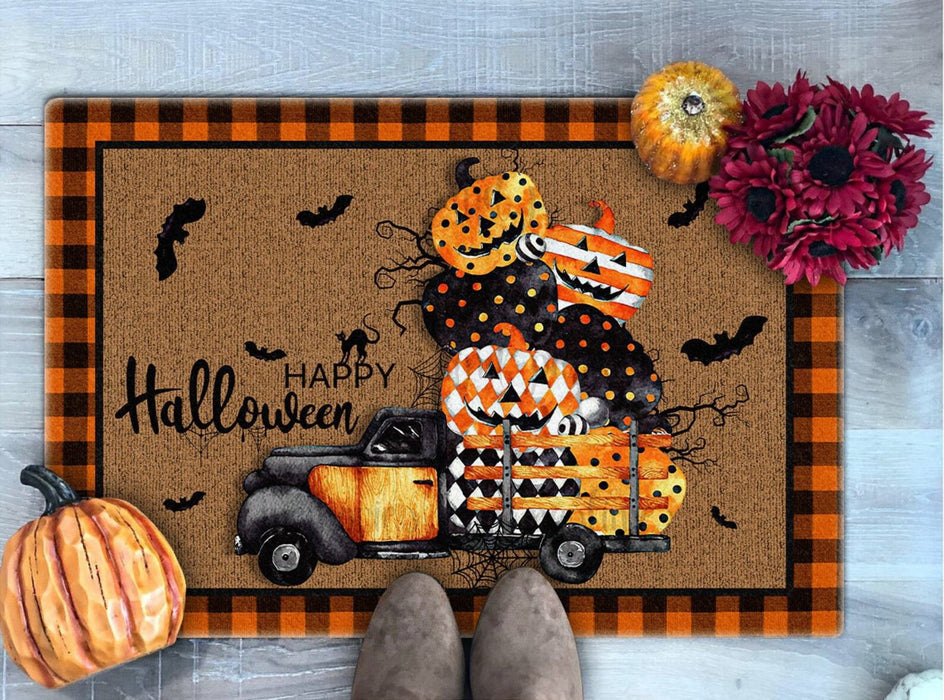 Welcome Doormat Happy Halloween Cute Pumpkin Truck & Bat Printed Polka Dot Stripe Design Plaid Frame Doormat