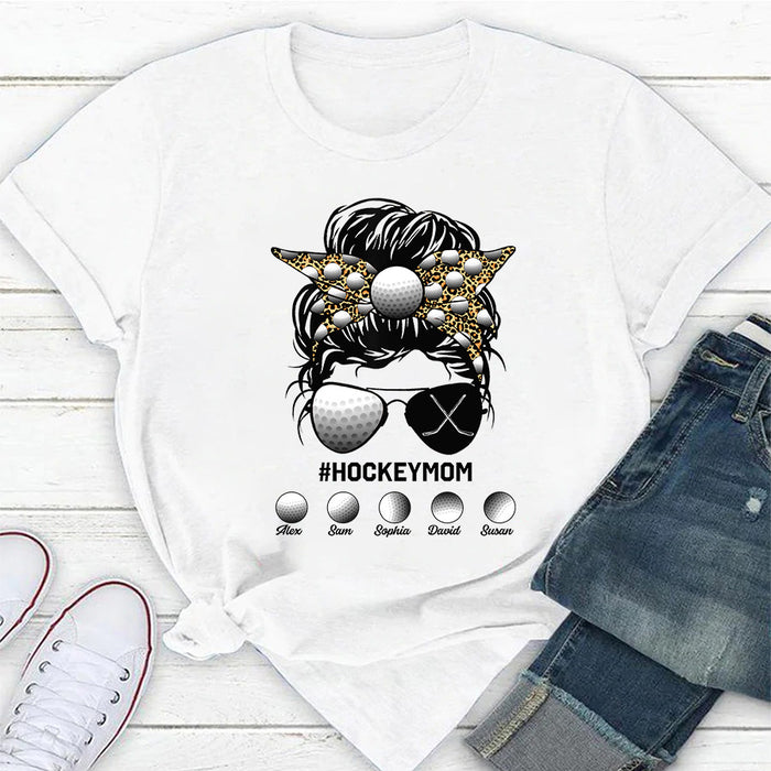 Personalized T-Shirt For Mom From Son Daughter Messy Bun Hair Hockey Mom Custom Name Gifts For Birthday Mothers Day