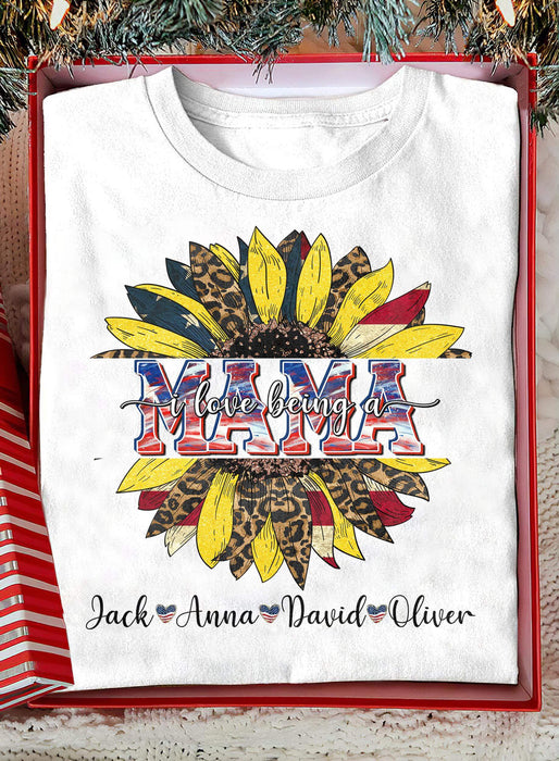 Personalized T-Shirt For Mom Grandma I Love Being A Mama Sunflower & Heart Printed Custom Grandkids Name