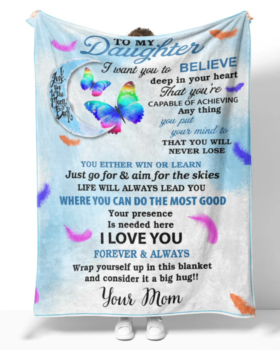 Personalized Lovely Blankets To My Daughter Colorful Butterfly & Moon Premium Blanket Custom Name