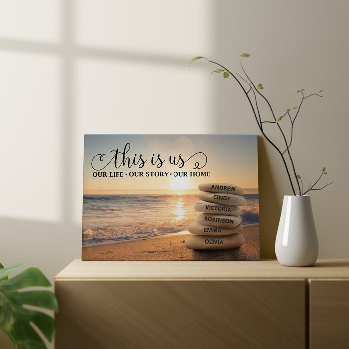 Personalized Wall Art Canvas For Family Our Life Story Sunrise On The Beach Stones Poster Print Custom Multi Name
