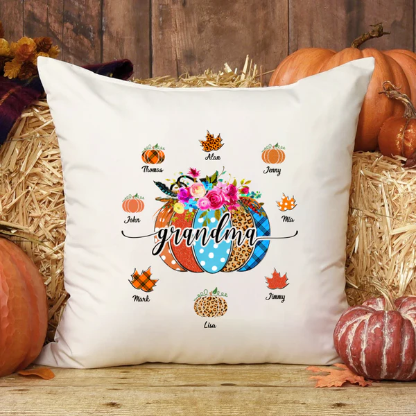 Personalized Square Pillow Gifts For Grandma Pumpkin Leopard Plaid Custom Grandkids Name Sofa Cushion For Thanksgiving