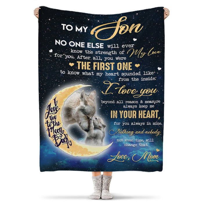 Personalized To My Son Blanket From Mom I Love You Beyond All Reason & Measure Moon Old Wolf & Baby Wolf Printed
