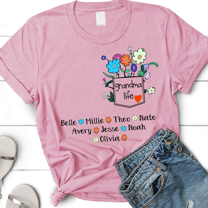 Personalized T-Shirt Grandma Life Colorful Flower Pocket Printed Custom Grandkids Name Mother'S Day Shirt