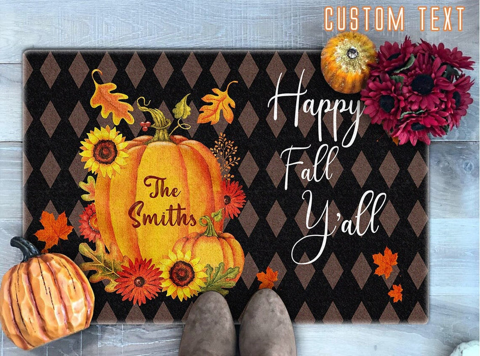 Personalized Welcome Doormat Happy Fall Y'all Cute Pumpkin With Sunflower Printed Art Pattern Design Custom Family Name
