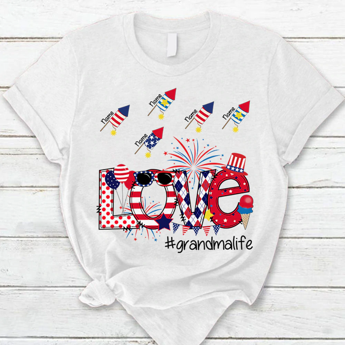 Personalized T-Shirt For Grandma Love Firecrackers Print USA Flag Design Custom Grandkids Name 4th July Day Shirt