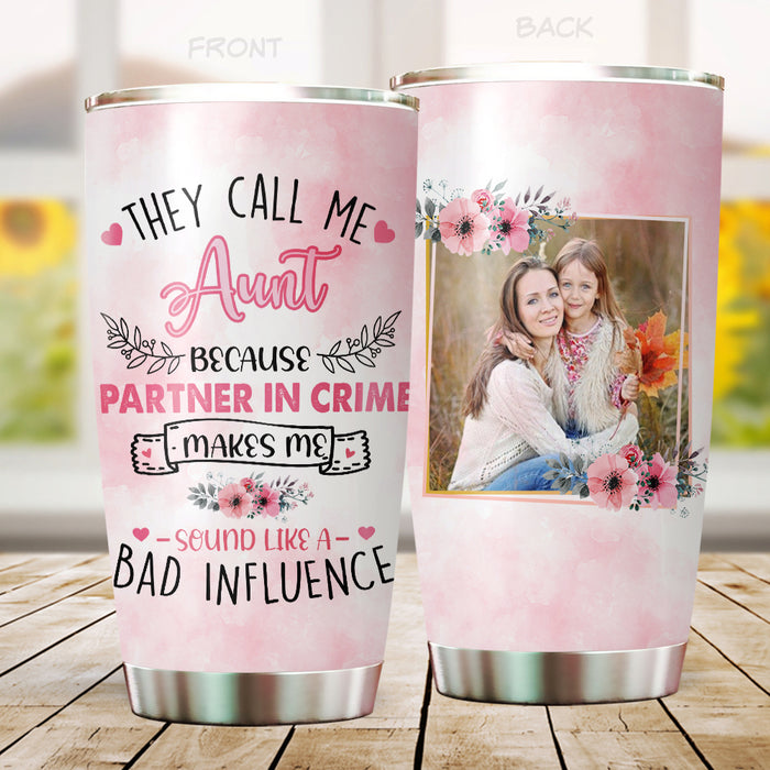 Personalized Tumbler Gifts For Aunt From Niece Nephew Partners In Crime Influence Pink Flower Custom Name & Photo