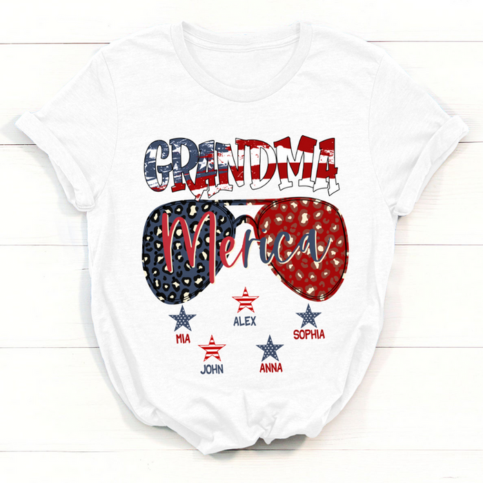 Personalized T-Shirt For Grandma Merica America Flag & Glasses Printed Custom Grandkids Name Independence Day Shirt