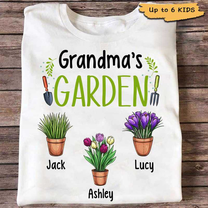 Personalized T-Shirt Grandma'S Garden Pot Of Flower Printed Custom Grandkids Name Mother'S Day Shirt