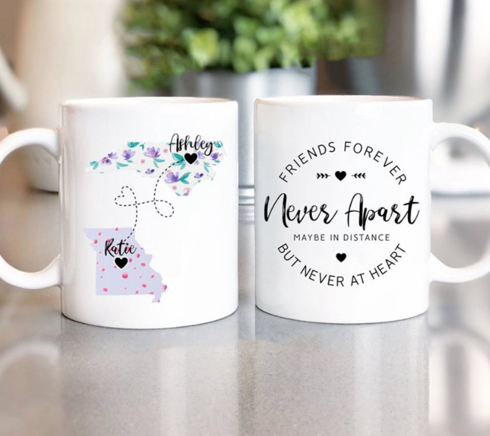 Personalized Coffee Mug For Friends Bestie Going Away Floral Printed Custom Name White Cup Long Distance Maps Gifts