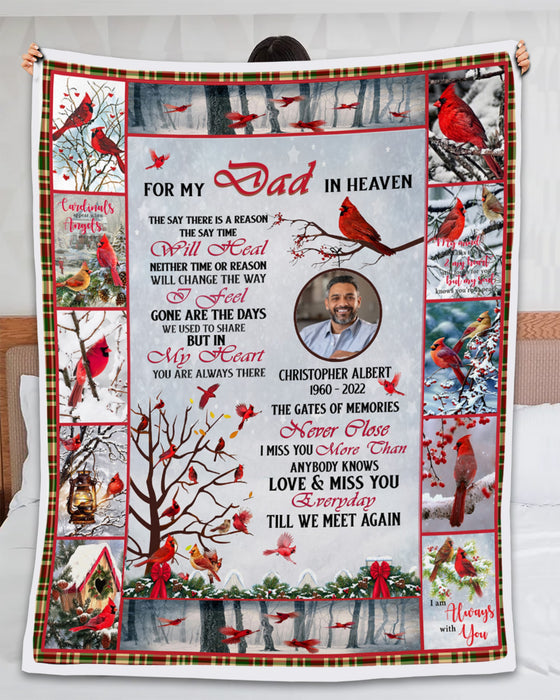 Personalized Memorial Blanket For Dad In Heaven Gates Of Memories Never Close Cardinal Custom Name Photo Funeral Gifts