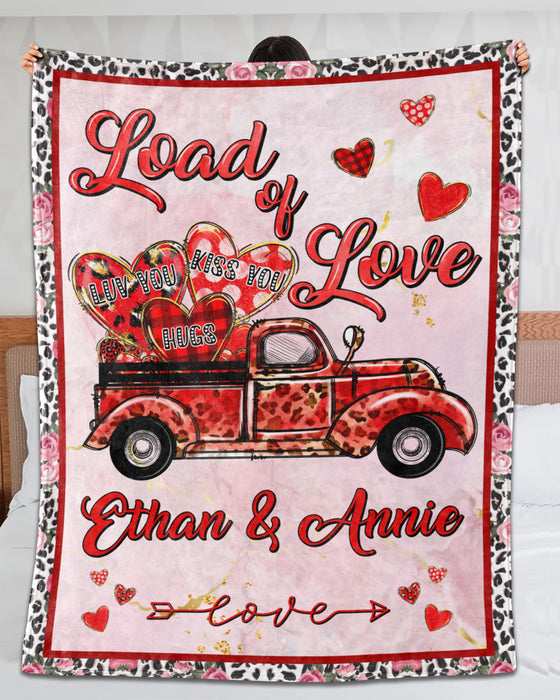 Personalized Blanket For Couple Happy Valentines Day Loads Of Love Leopard Truck & Heart Printed Custom Names