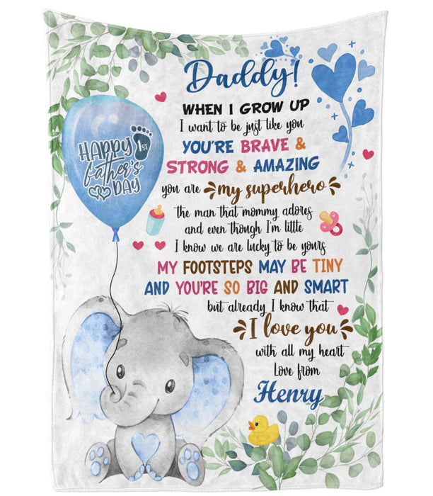 Personalized Blanket To My Dad From Baby Bump Happy First Father's Cute Baby Elephant & Flower Custom Name