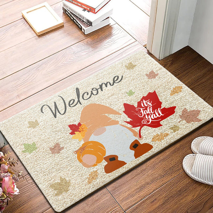 Welcome Doormat For Fall Lovers It's Fall Y'all Cute Gnome With Pumpkin And Maple Leaves Printed Gnome Welcome Mat