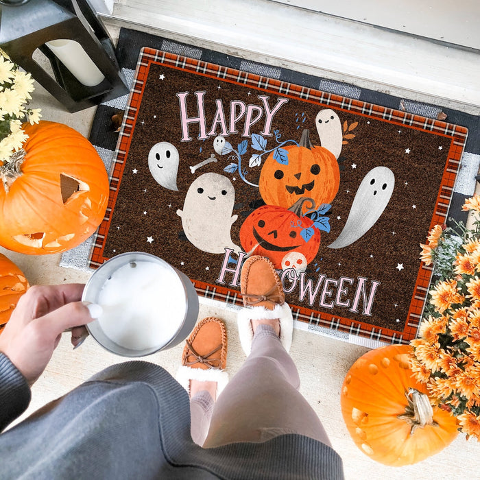 Welcome Doormat Happy Halloween Cute Ghost With Funny Pumpkin Printed Plaid Design Ghost Boo Doormat