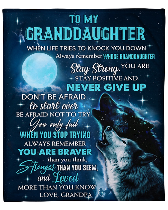 Personalized Blanket To My Granddaughter From Grandpa Old And Baby Wolf Under The Moon Printed Custom Name