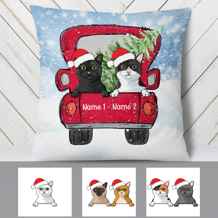 Personalized Square Pillow Gifts For Cat Lovers Snow Theme Red Truck Custom Name Sofa Cushion For Christmas