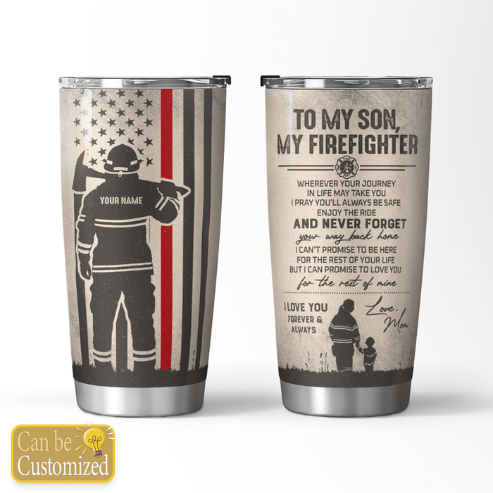 Personalized To My Son Tumbler From Parents Firefighter American Flag Vintage Custom Name Travel Cup Gifts For Birthday