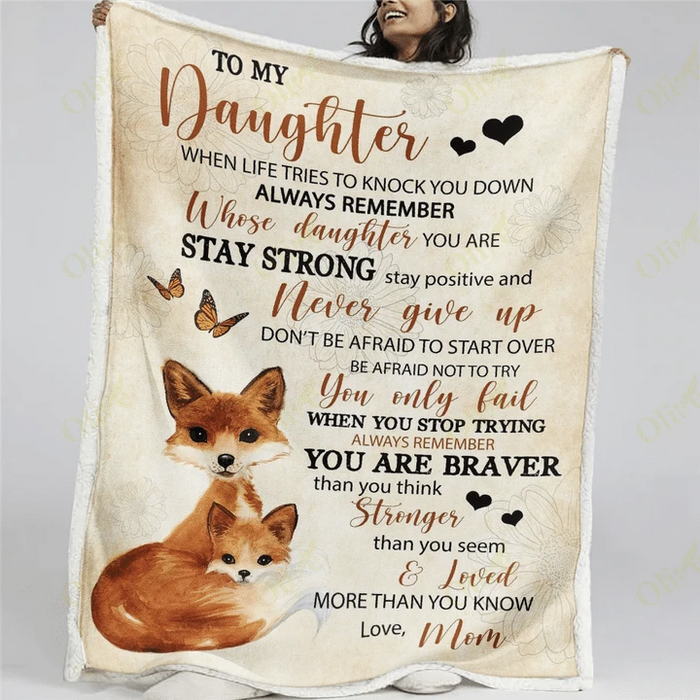Personalized To My Daughter Vintage Fleece Blanket Print Cute Foxes From Mom Stay Strong Never Give Up Custom Name