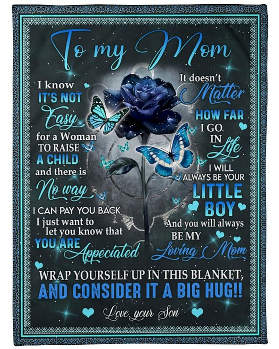 Personalized Blanket To My Mom From Son Big Hug Black Rose And Butterfly Printed Custom Name Premium Blanket