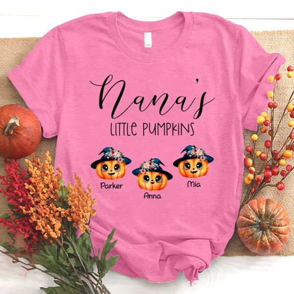 Personalized T-Shirt For Grandma Nana's Little Pumpkins Cute Pumpkin With Floral Hat Printed Custom Grandkids Name