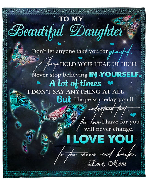 Personalized To My Beautiful Daughter From Mom Fleece Blanket Print Butterfly Night Sky Never Stop Believing In Yourself