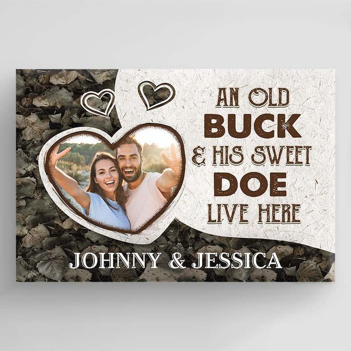 Personalized Canvas Wall Art For Hunting Lovers Couples An Old Buck & His Sweet Doe Live Here Custom Name & Photo Poster