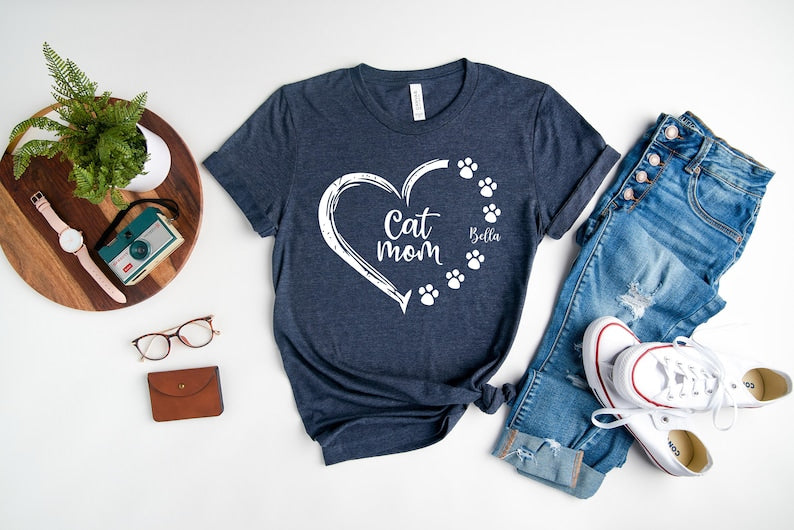 Personalized T-Shirt For Cat Lovers Cat Mom Paws Prints Heart Design Custom Cat'S Name National Pet Day Shirt
