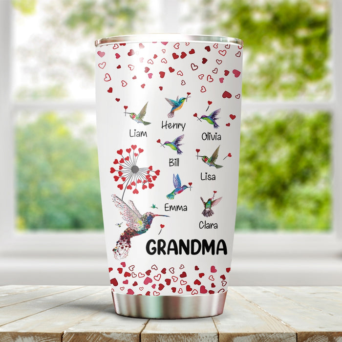 Personalized Tumbler Gifts For Grandma Hummingbird Dandelion Heart Custom Grandkids Name Travel Cup For Birthday