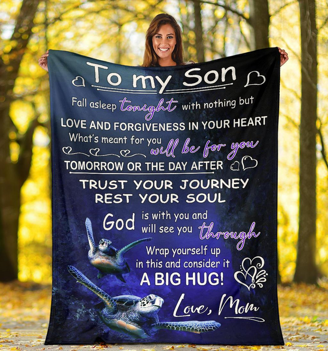 Personalized To My Son Blanket From Dad Mom Custom Name Sea Turtle Love & Forgiveness In Your Heart Gifts For Birthday