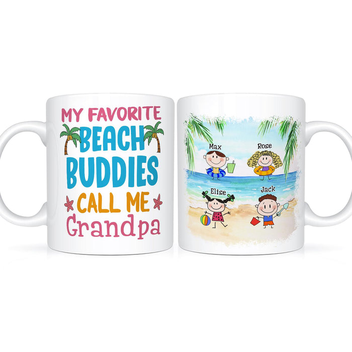 Personalized White Ceramic Coffee Mug For Grandpa My Favorite Beach Buddies Custom Grandkids Name 11 15oz Cup