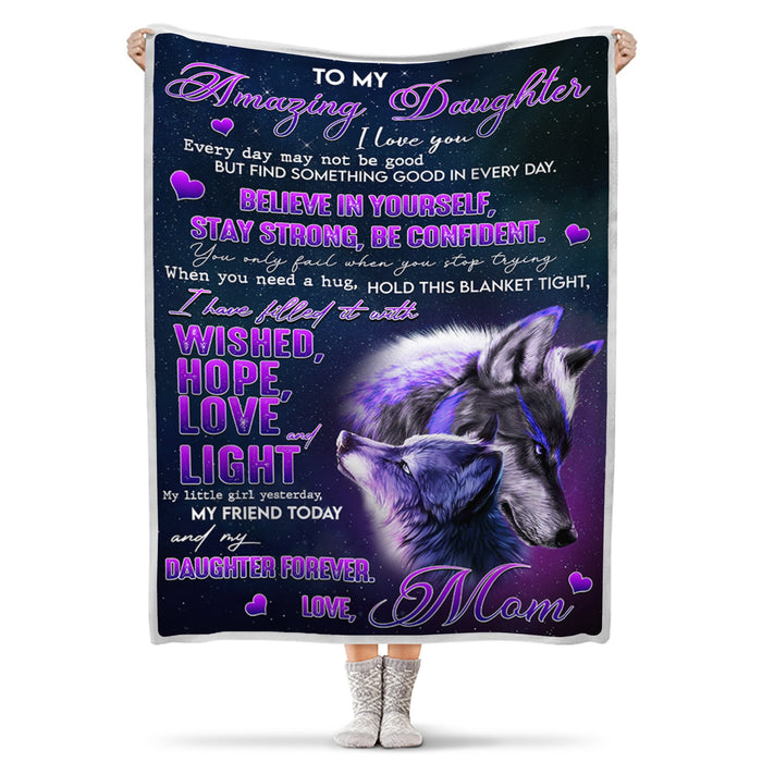 Personalized To My Daughter Sherpa Blanket From Mom Believe In Yourself Custom Name Purple Wolf Family Printed