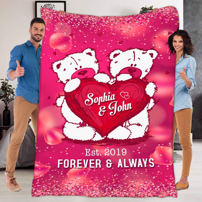 Personalized Valentines Day Blanket For Couple Cute Bear Couple With Heart Printed Custom Names & Year