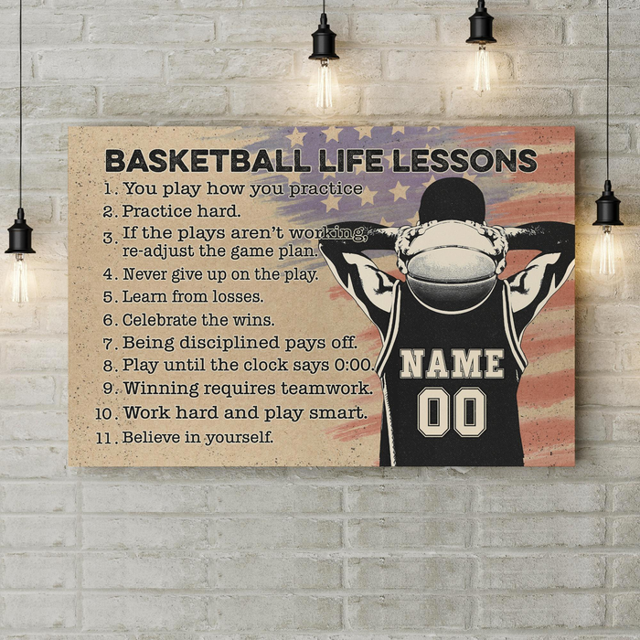 Personalized Basketball Life Lessons Canvas Poster For Men Us Flag & Male Player Printed Custom Name & Number